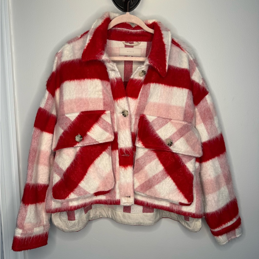 BLANKNYC Red, Pink & White Plaid Furry Jacket